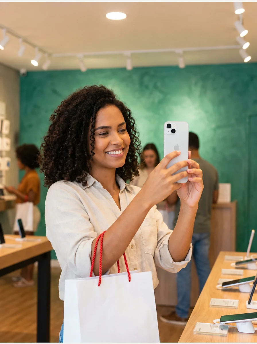 Cliente na loja com o novo celular
